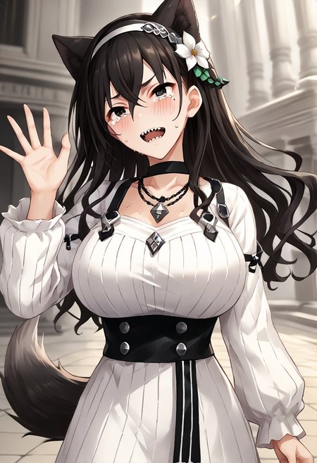 score_9, score_8_up, score_7_up, score_6_up, score_5_up, score_4_up, source_anime, solo, 1girl, long  hair, hairband, aqua eyes, wolf ears, wolf tail, hair flower, hair ornament,  ribbed leotard, white dress, white sarong,  black choker, (((greek clothes))), white sleeves, alt necklace, masterpiece, best quality, very aesthetic, absurdres, (blush)), trembling, open mouth, (((((sweating))))), ((crying)), (((blush))), angry, trembling , ((blush)), (((huge breasts))), standing, (((clothes up))), ((view from in front )) , ((waving hand )), (((clothes up))), snzkakr, long hair, brown hair, black hair, wavy hair, sidelocks, bangs, hair between eyes, brown eyes, mole under eye, sharp teeth,