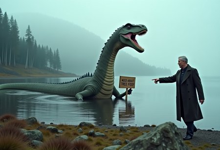 detailed RAW photo, HD32K, wallpaper, 4K, 8K, abusrdres, masterpiece, hyper detailed, promotional movie screenshot, PR photo, breathtaking, perfect hands, detailed face, realistic skin texture, realistic clothing texture, BREAK a whimsical, mysterious and errie picture. The Loch Ness monster, an ancient and grimy plesiosaurus covered with algae and barnacles with warty, thick skin and a stoner face, is half emerged from the water and holding a sign saying "NEED ABOUT TREE FIDDY" in its flippers, near the shore of an ancient scottish lake with moss-covered rocks and low spruce and  heath vegetation. There weather is mysteriously foggy and rainy, and a scottish man walking along the shore points at it shocked and in horror.