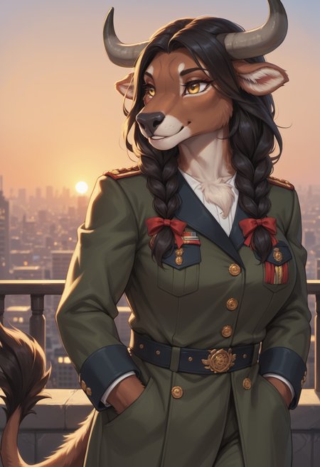 score_9, score_8_up, score_7_up, 
source_furry, high quality, perfection, detailed, aesthetic, well-lighted,
outdoors, evening, sunset, golden hour, city, cityscape, city lights,
1girl, solo, upper body,
furry female, anthro, furred body, fluffy fur, beautiful girl, cute girl, adult, mature, beautiful face, beautiful eyes, perfect eyes, detailed eyes,
(buffalo girl:1.1), brown fur, large breasts, strong girl, muscular girl, yellow eyes, black hair, long hair, braids, tail, scars,
military uniform,
soft smile, looking to side, walking, hands in pockets,