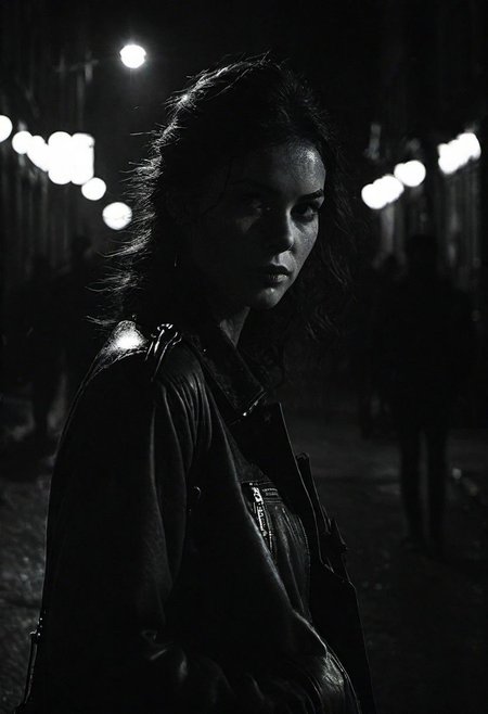 cinematic photo dark photo of a woman with a smirk on her face as she puts a gun in her purse, on a dark city street, <lora:Into_Darkness:1>, 35mm cinematic, film, bokeh,  professional, 4k, highly detailed, 35mm photograph, film, bokeh,  professional, 4k, highly detailed
