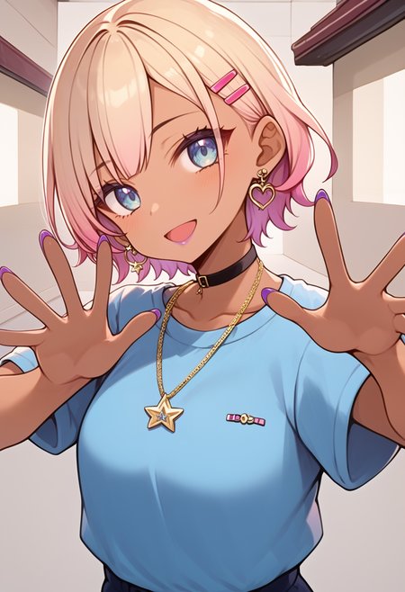 (score_9:0.9),score_8_up,score_7_up,anime style,rating_safe,(zPDXL),<lora:virtual insanity meme ponyXL v2:0.93>, virtual insanity, open hand, outstretched hand, 1girl, jewelry, solo, necklace, blue eyes, gyaru, short hair, choker, blonde hair, shirt, looking at viewer, earrings, purple nails, hair ornament, smile, hairclip, dark skin, dark-skinned female, open mouth, makeup, blue shirt, nail polish, multicolored hair, lipstick, pink hair, star (symbol), black choker, upper body, short sleeves, gradient hair, bangs, reaching towards viewer, breasts, virtual youtuber, t-shirt, heart, collarbone, kogal, :d, purple lips