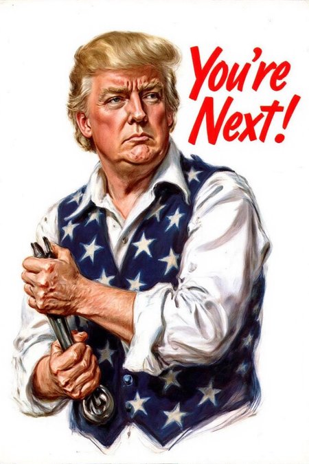 jamesmontgomeryflagg1 illustration. 
 WW2 Poster. Closeup of Donald Trump, wears a white shirt and a vest adorned with stars,s. He is swinging a large wrench in his hand. The background is plain white. To the right of the person, bold red text reads "You're Next!" <lora:jamesmontgomeryflagg1_cap_d8a4e12:1.0><lora:859145255423887380:0>