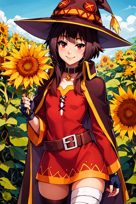 score_9, score_8_up, score_8, medium breasts, (curvy), cute, eyelashes,       BREAK, , BREAK, <lora:konosuba-megumin-s2-ponyxl-lora-nochekaiser:0.7>, megumin, short hair, black hair, red eyes, short hair with long locks, thighhighs, gloves, hat, dress, black gloves, belt, black thighhighs, fingerless gloves, cape, collar, witch hat, bandages, red dress, single thighhigh, asymmetrical legwear, bandaged leg,, zzSunflower, upper body, outdoors, hand up, portrait, one eye covered, yellow flower, holding flower, <lora:Sunflower_PDXL_v2:0.8>,  <lora:CatalystStylePDXL:0.6>, , BREAK,  smile, looking at viewer, cowboy shot,  embedding:zPDXL, Expressiveh, <lora:SDXLFaeTastic2400:0.5>,  <lora:Expressive_H-000001:0.4>,