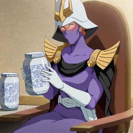 <lora:GOKycilia>,
masterpiece,best quality,good quality,newest,
white porcelain jar,holding jar,blush,
looking at viewer,
solo,
GOKycilia,1girl,orange hair,helmet,mask,ninja mask,red eyes,earrings,
purple military uniform,white belt,cape,capelet,white gloves,
sitting,