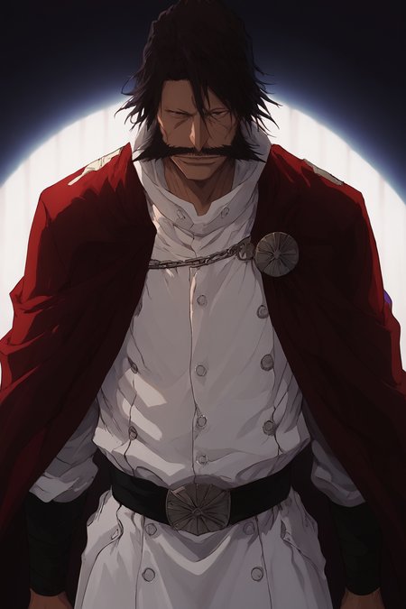 score_9, score_8_up, score_7_up, masterpiece, high quality, detailed, morning (bright:1.2)
1man, pronounced cheekbones, white uniform, huge mustache, broad chin, dark brown hair, long black hair, long nose, brown eyes, a single large button, black belt, maroon-black cloak <lora:yhwach:1> looking at viewer, 
 <lora:Sinozick_Style_XL_Pony:0.7> sinozick style, bleach\(series\) upper body, cinematic lighting, close-up,  <lora:incase-ilff-v3-4:1>