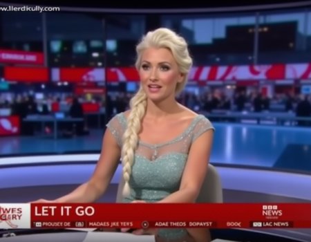 A blonde haired beautiful woman resembling elsa with a long platinum braid as a news anchor sits behind a desk in a BBC Newsroom, reading the latest headlines. The TV overlay says "BBC NEWS" with the headline "LET IT GO". <lora:Concept_morse-BBCNewsroom-FLUX:1>