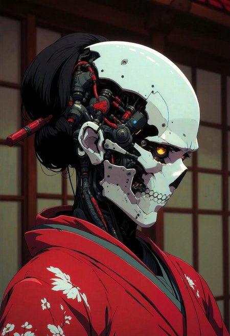 in the style of ckra, woman Geisha is an android, the plastic cyborg mask is open, the mechanical parts of the robot are visible inside, the android is very sinister and dangerous, from the epic movie Ghost in Armor, erie japanese teahouse background