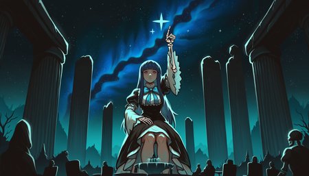 very awa, masterpiece, best quality, hightres, absurdres, pixelPaint, 1girl, giantess, frederica bernkastel, blue hair, long hair, blunt bangs, hime cut,  goth fashion, chair, table, sitting, stars, galaxy, milky way, garden, fountain, ruins, pillar, statue, (skeletal hands:1.1), skeletal arm, arm up, pointing up,  expressionless, looking at viewer, straight-on, surreal, dark skies, (fog:1.1), limited palette,  (close-up:1.1),   <lora:PixelPaintStylez-IL:1>