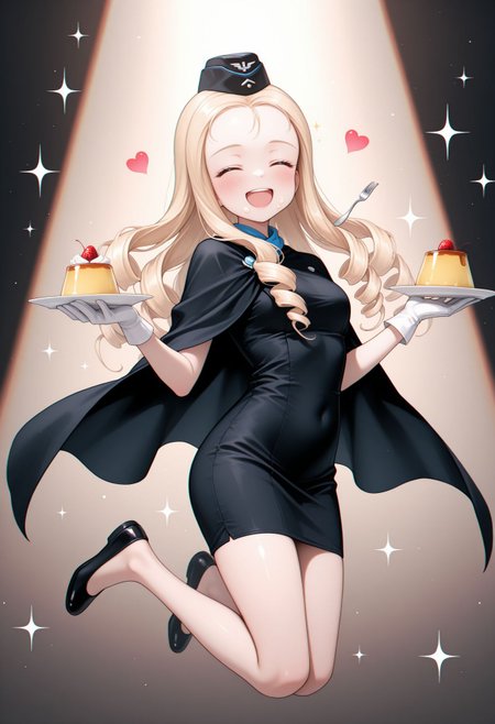 masterpiece,best quality,absurdres,highres,very aesthetic,high quality,detailed,insanely detailed,beautiful,perfect lighting, looking at viewer,
 <lora:Marie (gup) illu:1> 1girl, food on face, long hair, flats, black dress, hat, heart, white gloves, blonde hair, holding fork, closed eyes, black footwear, open mouth, floating, black cape, smile, cake, sparkle, holding plate, drill hair, black headwear, full body, pudding, short dress, shoes, blush, chromatic aberration, jumping, garrison cap, eating, travel attendant, medium dress