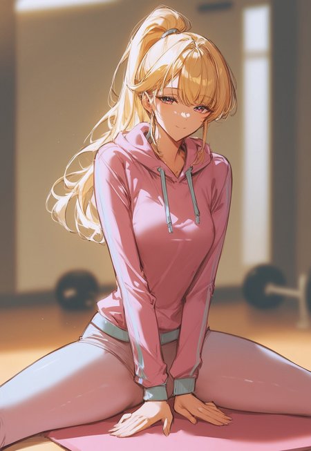 Score_9, score_8_up, score_7_up, score_6_up, score_5_up, score_4_up, 
((Best Quality)) (masterpiece) (details), shiny skin, 1girl, 
High ponytail, blonde hair, hoodie, leggings, indoors, mature female, beautiful detailed face and eyes, cute face, bangs long bangs, sport wear, Art8st, color theory, medium length face framing layers with bangs, tight clothes, depth of field, Stretching exercises, curved body, clever, gym, yoga, setting, spread legs yoga pose 