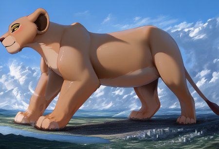 Safe_pos, score_9, score_8_up, score_7_up, detailed face, best quality, 1girl, solo, masterpiece, detailed background, beautiful, detailed eyes, mature female, giantess, macro
side view, lien,
1girl, solo, furry art, feral, Nala, Lioness , Solo, Lion King, Disney, furry, On fours, tail, full body view, hyper sized,
walking,stomping, light smile, narrowed eyes, blush
long river, skyline, cityscape, destroyed cityscape,  earthquake, steam, fog, craters