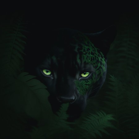 symphtia-style, masterpiece, best quality, absurdres, vibrant, highly detailed, very aesthetic, animal focus, black panther, hiding behind ferns, pitch black fur, piercing green eyes, whiskers, eye focus, forest background, (dappled sunlight:1.5), detailed fur