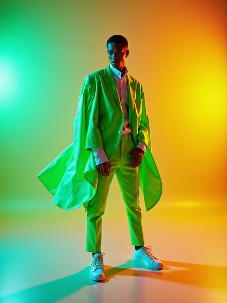 A male model in a vibrant, sun-drenched studio, full-body pose. He wears a tailored jacket in a dazzling neon green with accents of material featuring a brilliant futurism hyperreal iridescent effect that catches the bright light dramatically. His white sneakers have glowing soles, casting a soft light onto the polished, colorful floor which creates sharp reflections. This digital art piece is rendered with hyperreal clarity, composed cinematically for a fresh, energetic fashion cover. The vibe is definitely good and shiny.
<lora:ral-iridescent-hyperreal-futurism-flux_000003000:1>