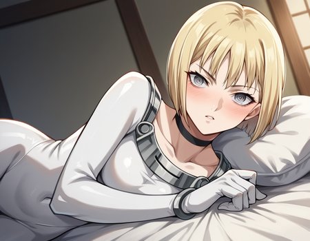 score_9, score_8_up, score_7_up, source_anime,
claymoreclaire, <lora:claymore-claire-s1-ponyxl-lora-nochekaiser:1>,
claire, short hair, blonde hair, grey eyes, bob cut, pale skin, white skin, ringed eyes,
choker, bodysuit, white bodysuit, collarbone, long sleeves,
indoors, bed, bed room, on side, blush, drunk,
solo, looking at viewer, cowboy shot, dutch angle,