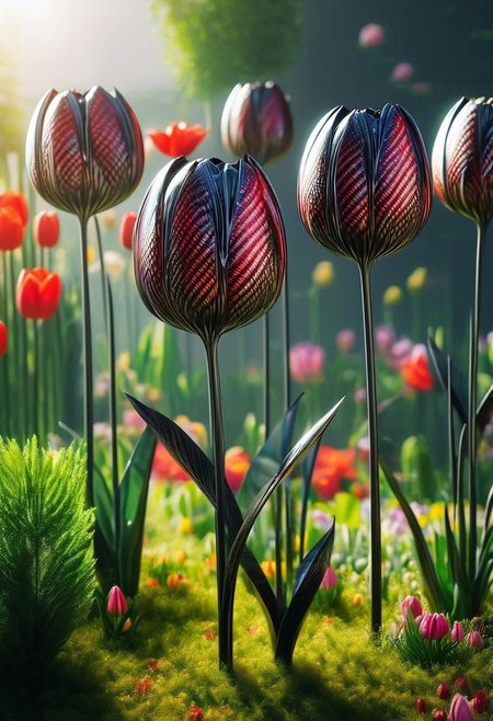 score_9, score_8_up, score_8, masterpiece, high detailed, very detailed,  HD, best quality, hyper detailed, ultra detailed, super realistic, close-up, macro 100mm, macro photography,
 cf_style, carbon red tulips, red and green color theme, , , , , , , , , , , , , textured composition, , , , , soft lighting,) Let it be a magical garden filled with exotic plants and bright buds. The background can be blurred to focus on the colors. 
dynamic angle, dynamic lighting,