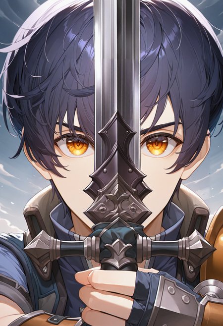 masterpiece, best quality, absurdres, highres, newest, solo, <lora:swordsalute-pose-richy-v1_ixl:1>swordup, looking at viewer, close-up, holding sword,  <lora:joshuabright-illu-nvwls-v1:1> fcjsha, black hair, short hair, amber eyes, single shoulder pad, blue shirt, short sleeves, dark blue vest, single shoulder pad, bracers, fingerless gloves, 1boy, male focus