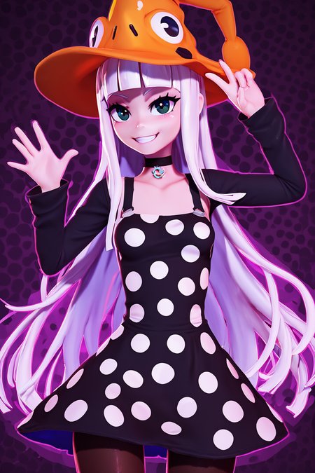 score_9, score_8_up, score_8, medium breasts, (curvy), cute, eyelashes,       BREAK, , zzEruka, black eyes, white hair, blunt bangs, long hair, orange hat, polka dot dress, black dress, black sleeves, pantyhose,    <lora:ErukaFrog_SoulEater_PDXL_v2:1.0>, , BREAK, smile, looking at viewer, cowboy shot, ,,, embedding:zPDXL, Expressiveh, ,,, <lora:Zy0n7_PDXL:0.8>, <lora:SDXLFaeTastic2400:0.5>, <lora:Expressive_H-000001:0.4>,