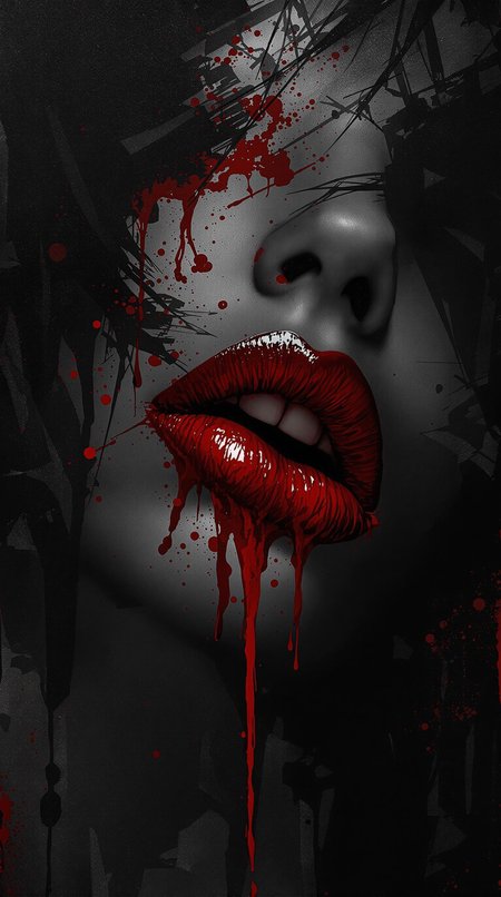 Red lipstick marking, nightmares after toxic relationship, desperate, horror, gloomy, in the style of black and dark red, dark tones, dramatic composition, digital painting, emotional depth, leaving an indelible and haunting impression on psyche, intricate details, unforgettable