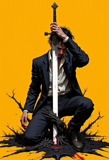 weibo, drawing, illustration retro 90's, Yoshiaki Kawajiri, Yutaka Minowa, Yūji Ikehata, chromatic aberration, detail, high contrast, cinematic view, volumetric lighting, perspective, kneeling_figure, mustard_yellow_background, disheveled_suit, messy_hair, white_sword, black_void, reaching_hands, gritty_texture, otherworldly, melancholic_mood, minimalist, thick_linework, surreal, cinematic, intense_detail, photorealistic, (sharp focus:1.3). A stylized character with a striking appearance. A close-up of a character a lone figure in a dramatic, kneeling pose on an intense, solid mustard-yellow background. The character, dressed in a slightly disheveled suit with an open collar, appears pained and introspective, his messy dark hair casting shadows over his face. Below him, a dark, otherworldly void begins to tear open, with eerie black hands reaching out from the darkness, grasping toward him. From this black void, a gleaming white sword emerges, piercing his torso diagonally, creating a stark contrast against the muted texture of his clothing and the bold yellow backdrop. The illustration style is gritty and minimalist, with thick, defined linework and subtle shading, heightening the sense of melancholy, surrealism, and internal conflict. The image is highly detailed, with a focus on the textures of his suit, the sharpness and the way his interacts with the weapon, emphasizing enhancing the dramatic and bold aesthetic of the image. 
DB4RZ, DB4RZ style painting,