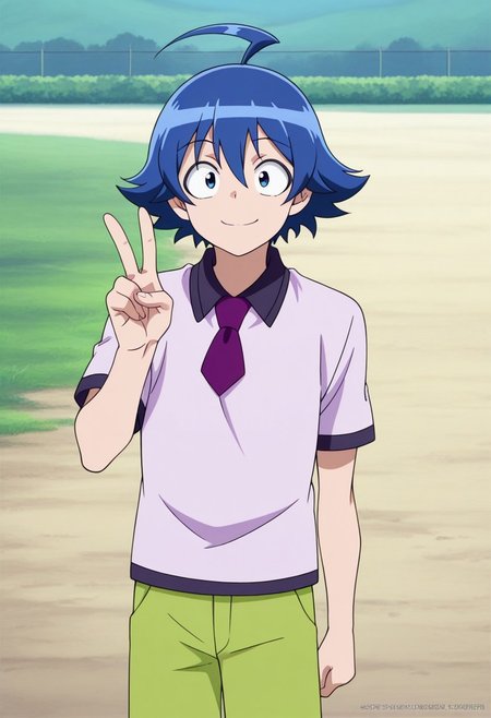 masterpiece,best quality,amazing quality, source_anime,
IrumaSuzuki, 1boy, male focus, solo, blue eyes, blue hair, ahoge, hair between eyes, polo shirt, short necktie, purple necktie, short sleeves, shorts, green shorts, smile, v,
outdoor,