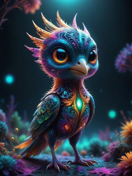 cute and creepy bird-like alien made out of fractangles, glowing and whimsical, enchanted and magical background, intricate details, ultra sharp, soft textures, exquisite detail, flawless composition, vivid colors, masterpiece, highest quality, extremely detailed CG unity 8k wallpaper  <lora:Fractangles:0.7> Fractangles,