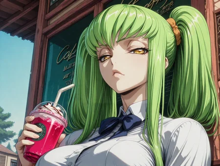 masterpiece,best quality,amazing quality,ultra detailed,
1girl,
 <lora:My_Muscle_Style_1:0.3>,muscular female, fit, skinny,
<lora:HyperdetailedColoredPencilIl:0.3> ArsMJStyle, <lora:Sinozick_style:0.3>Sinozick_illu,gradient,spot color
<lora:illustriousXL_stabilizer_v1.23:0.5>
<lora:GLSHS:0.7> SHSLG
 <lora:C.C._and_Kallen_Stadtfeld_Code_Geass:0.8> , C.C., green hair, long hair, yellow eyes, bangs, twintails,hair ornament,  
outdoors,cafe,drinking straw,  drink, 
school uniform, 
solo,large breasts, bowtie, 
dyamic angle,
close-up, portrait, 
looking at viewer, narrowed eyes,