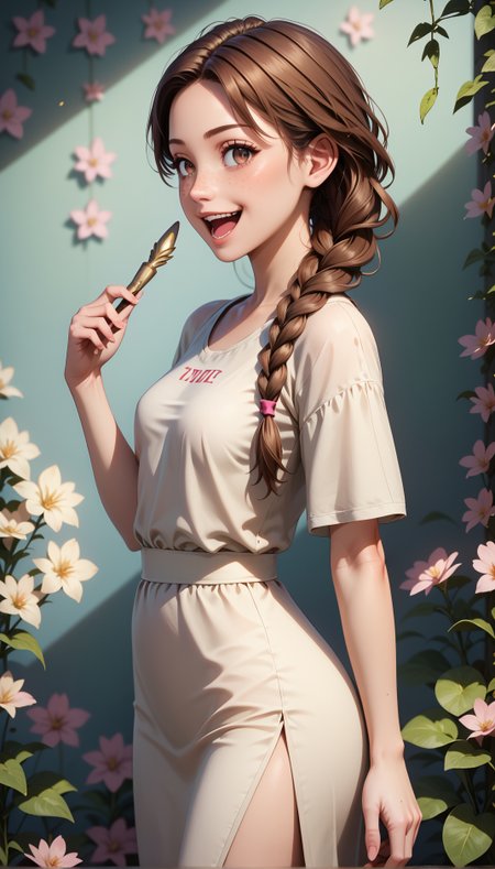 score_9, score_8_up, score_7_up,masterpiece,best quality,high quality,rating_safe,sfw,anime artwork,cinematic,very aesthetic,natural lighting,3d cartoon, 1girl french,hazel eyes,solo, (((young adult)),older),writing,happy,laughing, contempt face expression, long brown hair, Fishtail braid hairstyle,side slit,small breasts, detailed skin,intricate skin details, freckles:1.5, vanishing point, profile, floral background, soft diffused lighting, detail shadow, detailed skin texture, natural skin, clean skin pores, highly detailed iris, highly detailed skin texture, perfect eyes, ,intricate details,extremely detailed, highly detailed, detailed,absurdres,Hires