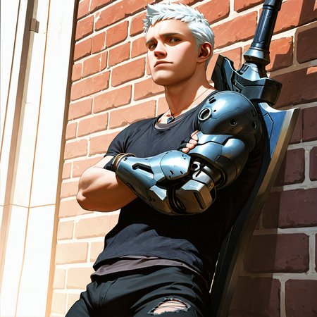 <lora:NERO-07:1.5>
solo, looking at viewer, short hair, shirt, 1boy, gloves, jewelry, white hair, white hair, male focus, weapon, black gloves, pants, sword, fingerless gloves, necklace, bracelet, black shirt, gun, black pants, crossed arms, t-shirt, pendant, realistic, against wall, mechanical arms, manly, brick wall, cyborg, weapon on back, prosthesis, single mechanical arm, prosthetic arm, cyberpunk, sword on back, sword behind back, blonde hair, outdoors, day, torn clothes, torn pants
, motion blur, film grain, abstract, natural lighting, fantasy, cinematic, dynamic view, very awa, masterpiece, best quality, absurdres, newest, perfect quality, detailed background, intricate details, (artist:fl \(l-fl\):0.7), (artist:tooboshoo:0.7), (artist:dizdoodz:0.8)
