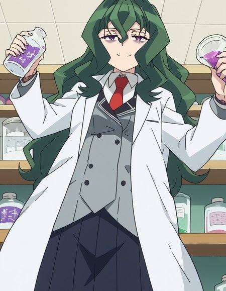 score_9, score_8_up, score_7_up, source_anime, <lora:hyouka-fuwa-s1-ponyxl-lora-nochekaiser:1>, hyouka fuwa, long hair, hair between eyes, purple eyes, green hair, bags under eyes, medium breasts,, labcoat, skirt, school uniform, pleated skirt, necktie, black skirt, red necktie, grey blazer, long sleeves,, pharmacy, medicine, shelves, counter, health, smile, from below, looking at viewer, solo,, dutch angle, cowboy shot