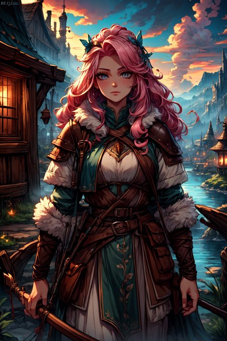 <lora:FantasySettlement:1> fanse, fantasy medieval village, lake, dawn, magical,  <lora:Fantasy_Classes_SD:1> fantasy class, ranger, archer, bow, leather outfit, belts, pouches, fur, quiver, looking at viewer, seductive, best quality, masterpiece, <lora:more_details:0.7>, 1girl, solo, pink hair, absurdly long hair, grey eyes