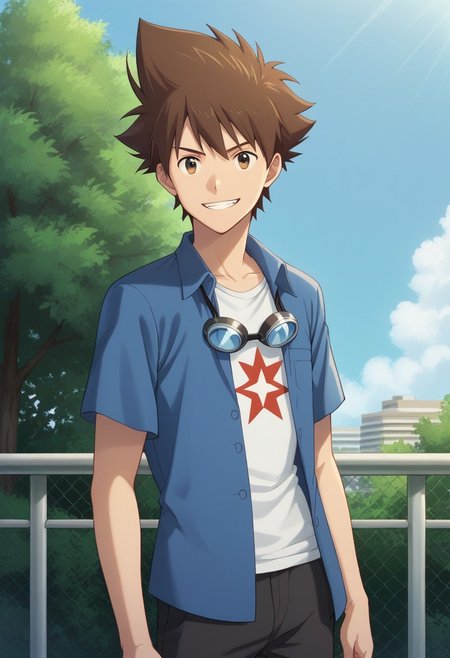 score_9, score_8_up, score_7_up, source_anime, highly detailed, 
taikizu, 1boy, brown hair, goggles, male focus, solo, shirt, 
open clothes, standing, white shirt, star (symbol), print shirt, blue shirt, short sleeves,
spiked hair, star print, open shirt, looking at viewer, grin,
outdoor, sky, tree
