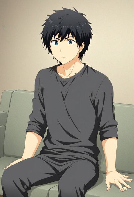 high resolution, solo, best quality, 1Boy, Arata Kaizaki, Black Hair, deep talk, helpless, sit, couch, OverallDetail