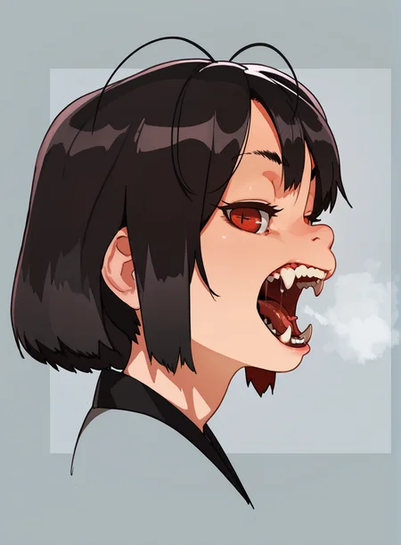 1girl,  <lora:Fangs:1> fangs, long fangs, teeth, red eyes, from side, <lora:Naze:0.6> naze, short black hair, heavy breathe, masterpiece, masterpiece, best quality, amazing quality,, high details, very detailed skin, high resolution, <lora:add_detail:1.3>