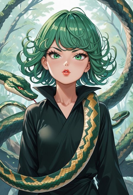 score_9,score_8_up,score_7_up,score_6_up,score_5_up,source_anime,1girl, 1girl, tatsumaki,  green eyes, saitama outfit, shortstack, looking at viewer, bald girl, 19yo, lipstick , flirty, snake, snake on shoulders, upper body view,