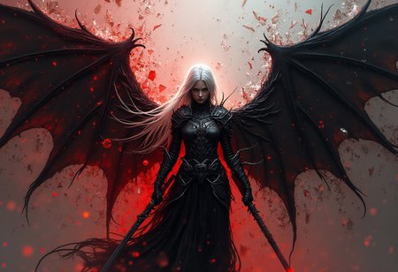 The focus is close up on a female silver haired demon hunter whose armor is partially fractured and shattered like it was glass. The backdrop is a swirling concaphony of crimson and black, separated by streaks of pure white. The backdrop is centered behind the subject. The colors are separated by metallic fractures, creating a glowing mosaic effect. The colors of the backdrop are most intense near the center. The backdrop is partially shattered like glass. The subject itself is a stark and gloomy silhouette, contrasting beautifully against the vibrant, light-filled fragments surrounding it. The hunter has black angelic wings attached at the hip, but they are not the focus. Emphasis is placed on the hunter and the backdrop. The hunter is armed and about to fight.