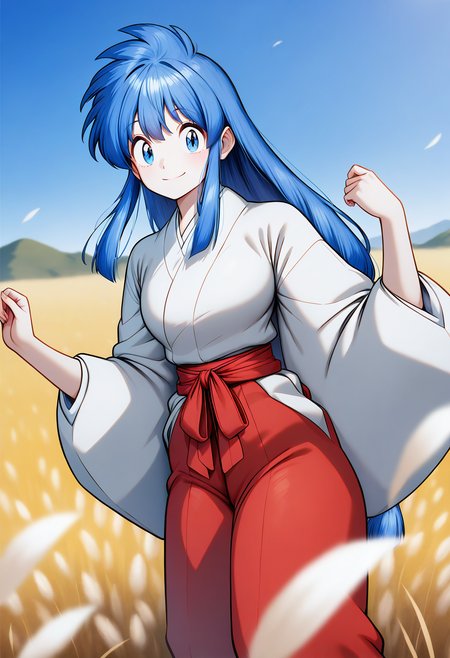 smile,  cowboy shot, 
okinu-chan, blue eyes, blue hair, sidelocks, long hair, japanese clothes, long sleeves, red hakama, <lora:gs_okinu-chan_illustrious_ver1:0.8>, masterpiece, best quality, general,, 1girl, solo, (field:1.2), (blue sky:1.2), looking at viewer,