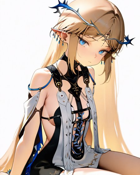 <lora:nyalia_NoobXL:0.7>,<lora:cartethyia_noob:1>,masterpiece,best quality,amazing quality,cartethyia,cartethyia, 1girl, solo, white background, simple background, sitting, looking at viewer, closed mouth, sidelocks, breasts, black dress, black collar, bare shoulders, multiple earrings, necklace, white tabard