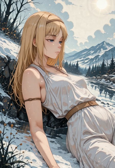 score_9, score_8_up, score_7_up,source_anime, high res image, masterpiece, best quality, masterpiece, newest, absurdres, best quality, hires, 
BREAK 1girl, solo, ymirfritz , blonde hair, bangs,blue eyes,mature female,brown hairband, expressionless,  small breasts
white dress,sleevless,armlet
dynamic pose, lying on her back, head to side
outdoors, frozen lake, on ice, reflecting ice, snowflakesday, cloudy
cinematic angle, detailed background, beautiful background, (rays light:1.0),(grow:1.0), light particles