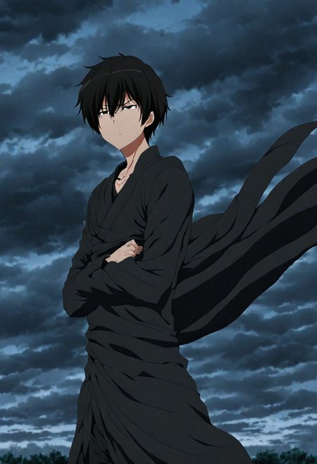 high resolution, solo, best quality, 1Boy, Kanie Seiya, Black Hair, gloomy, Sky, strong wind, OverallDetail