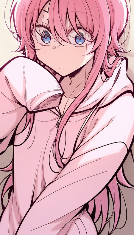 <lora:yushanshan:1>,yushanshan,1girl,long hair,pink hair,hair between eyes,blue eyes,pink hoodie, sleeves past wrists, long sleeves,, masterpiece,best quality,amazing quality,anime screenshot,