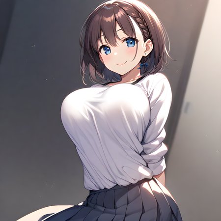 ai-chan(tawawa), 1girl, solo, breasts, braid, skirt, brown hair, large breasts, smile, short hair, shirt, looking at viewer, arms behind back, blue eyes, side braid, white shirt <lora:XL-Ai-chan(Tawawa):1>