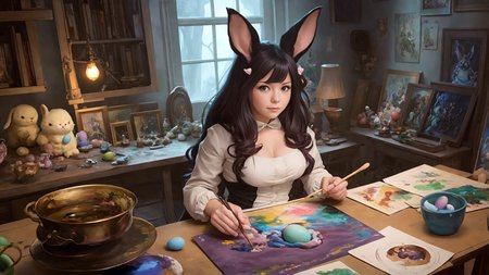 a painting of anime easter bunny girl painting  easter eggs, in a dark lit anime atelier, anime line art on a dark night, a digital painting by justin gerard, concept art by tyler edlin, concept art by senior environment artist, artstation, fantasy art, artstation hd, 2d game art, behance hd, rendered in unreal engine, volumetric lighting, unreal engine 5