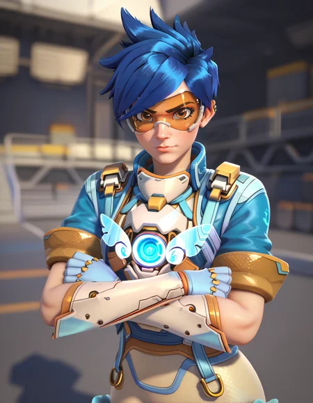 Masterpiece, high-res, 2k, best quality, 2.5d, 1girl, hero of heart, tracer (overwatch) , googles, harness, <lora:Hero_of_Heart_Tracer_Pony-000043:1> Playful Arm Fold: Cross your arms in front of your chest leaving one finger slightly extended and tilt your head with a playful expression. This pose adds a touch of mischievousness., Cosmic Voyage through Galactic Space