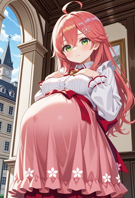 STYLE(comfy++,none) masterpiece, best quality, absurdres, 1girl, azuuru, torino aqua, 35p \(sakura miko\), hololive, green eyes, hair between eyes, pink hair, long hair, ahoge, hairclip, long sleeves, virtual youtuber, medium breasts, pregnant, big belly, standing,  light smile, serious, looking at viewer, spread fingers, hand up, breast suppress, portrait, low angle view,  day, mansion, game cg, <lora:Pregnancy_Slider:1.2> <lora:pregnantv7_clte:1> <lora:dmd2_sdxl_4step_lora_fp16:1>