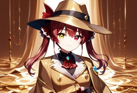 score_9, score_8_up, score_7_up, super aesthetic, rating:safe, rating:general, DeaverStyle, 1girl, solo, aua, red eyes, yellow eyes, heterochromia,  gold clothing, gold hat, fully-clothed, gloves, big coat, illustration, gold, cute, shiny skin, vivid colors, treasure room, gold treasure,