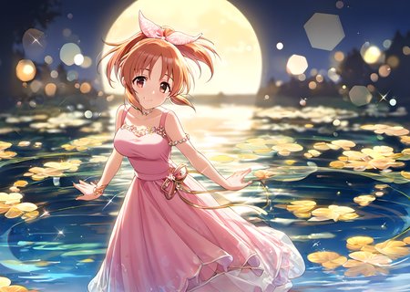 <lora:AbeNana_pony_v1:0.8>,abnn,small petite,short hair,brown hair,orange hair,ponytail,hair_ribbon,bangs,brown eyes,large breasts,score_9,score_8_up,score_7_up,source_anime,(dance on the water:1.2),(dance and dance:1.2),one foot standing,light pink dress,full_moon,moonlight,horizontal line,strong rim light,bokeh,light reflection on the surface,many water crests,many ripples,silhouette,smile,:d,full_shot,