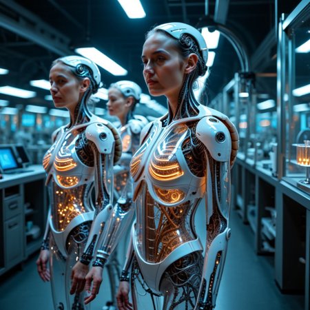 the most realistic, photorealistic photo ever taken [PORTRAIT SHOT, extremely detailed, 8k, BEAUTIFUL FEMALE ANDROID, IN A HIGH TECH FUTURISTIC LABORATORY, LEDS, BIOMECHANICAL BODY PARTS, (glass TRANSPARENT ULTRA DETAILED BODY shell:1.5) SHOWING blue and gold CIRCUITRY shining bright INSIDE THE BODY, Detailed hand, (DYNAMIC POSES :1.5), Detailed hand, Hand, Perfect hand ]