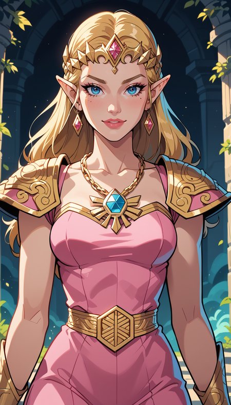 score_9, score_8_up, score_7_up, Western Comics, Portrait, Zelda, cute, seductive, innocent, light smile:0.3, plump lips, slender body, ankle-length pink dress, jeweled tiara, golden shoulder pads, a gold chain as a necklace, vibrant, fantasy, epic, heroic, cave background, depth of field, dynamic angle, fashion photography, sharp, hyperdetailed:1.15