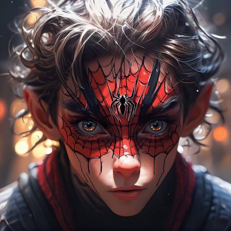 Full body photo of a beautiful spider man, adorable face, inspired by Alessio Albi, f1. 4, 85mm lens, hyper realistic , lifelike texture, dramatic lighting, professional shot, heavy shadows, dynamic pose, innocent look, highly detailed,  light casts beautifully on subject,   <lora:mjilluminate-000010:0.85>