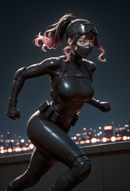 ((masterpiece, best quality, newest, absurdres, highres)),
1girl, solo, ponytail,
catsuit:black bodysuit:full-length zipper:long sleeves, black chest harness, black elbow pads, black gloves, black utility belt, black knee pads, black boots, ninja mask, goggles on head,
night, dim lighting, dark, rooftop, skyline,
parkour, running, clenched hands,
depth of field, realistic,
<lora:Dark_Kylie_Illust:0.7> d4rkkyl13, black hair:gradient hair:pink hair, pink eyes,